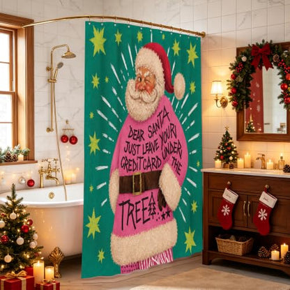 Pink Christmas Shower Curtain Set with 12 Hooks - 72x72 Inch, Teal Santa Quote