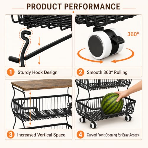 Black 16.93x11.02x20.87 Inch 3-Tier Fruit & Vegetable Storage Cart