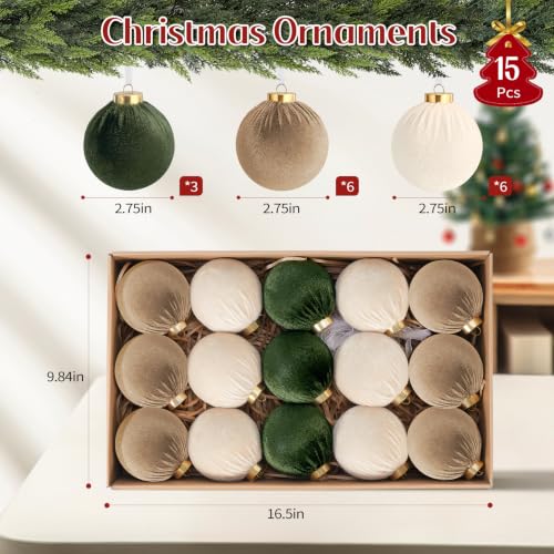 Velvet Christmas Ornaments Set - 15 Green & Brown Fabric Balls, 3.15 Inch - Holiday Decor