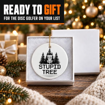 Disc Golf Christmas Ornament Stupid Tree - Funny Holiday Gift for Disc Golfers, 3-Inch Two-Sided Ceramic Decor with Gift Box