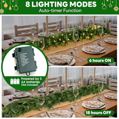 Green 9FT Artificial Norfolk Pine Garland with Lights - Pre-Lit Christmas Decor