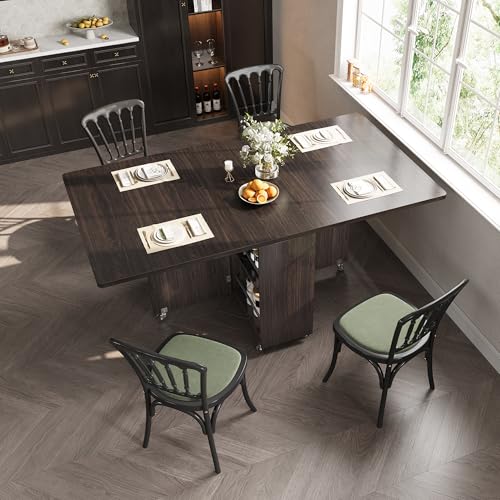 Jocoevol Space Saving Folding Dining Table for 4 - Walnut, Drop Leaf Kitchen Table with Drawer & Storage Shelf, 47.2 x 23.6 inches