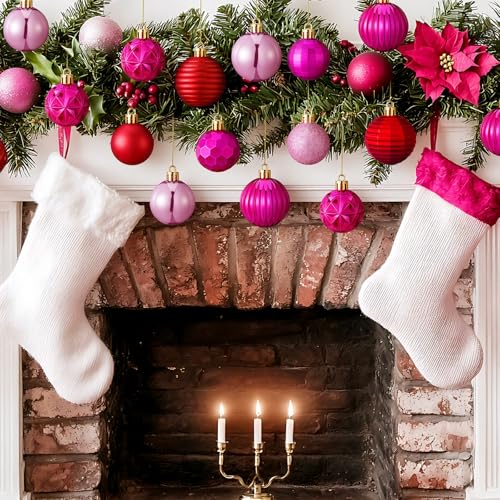 Romantic Hot Pink & Red Christmas Ball Ornaments Set - 72 Bulk Holiday Decorations