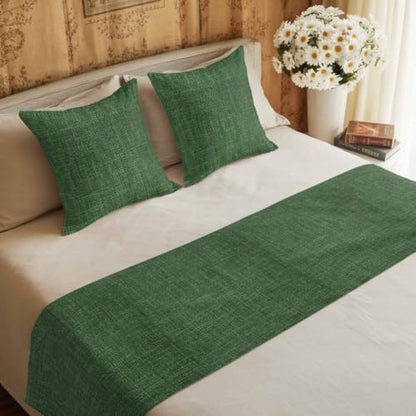 Queen Size Bed Runner with 2 Pillow Covers Green Linen Textured 83x20 - Vintage Style