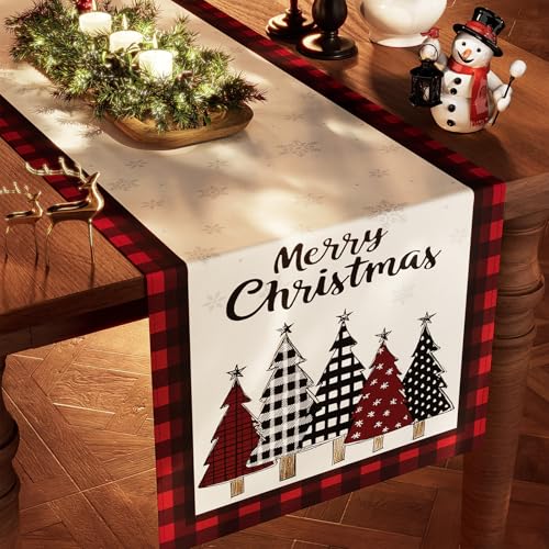 Christmas Table Runner Snowflakes and Red Buffalo Plaid 13x72 Inches - Holiday Decor