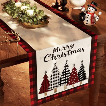 Christmas Table Runner Snowflakes and Red Buffalo Plaid 13x72 Inches - Holiday Decor