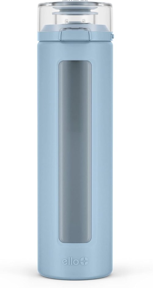Ello Syndicate 20oz Reusable Glass Water Bottle - One-Touch Leak-Proof Lid, Non-Slip Sleeve | Tech Blue