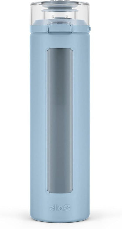 Ello Syndicate 20oz Reusable Glass Water Bottle - One-Touch Leak-Proof Lid, Non-Slip Sleeve | Tech Blue