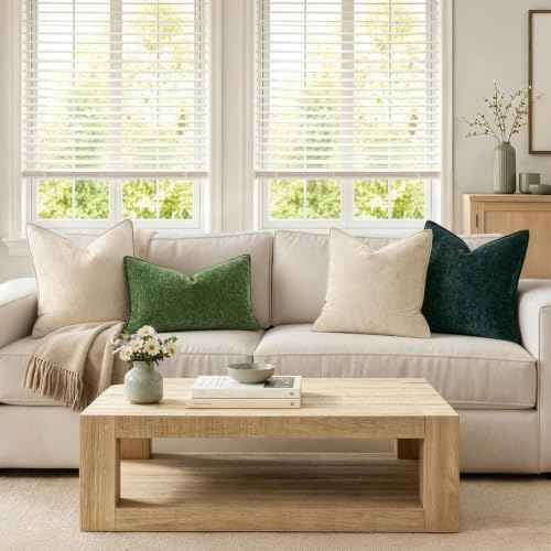 Chenille Couch Pillow Covers 18x18 Inch Set of 2 Natural Beige - Soft Durable Home Decor