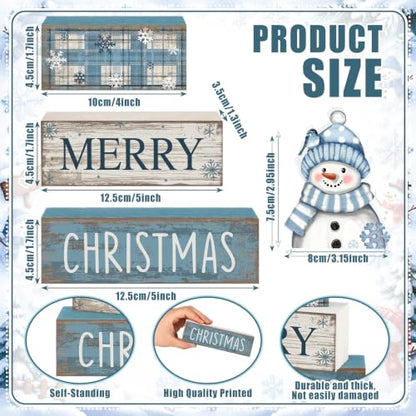 Christmas Snowman Wooden Sign & Book Decor Set - Blue Snowman Variation