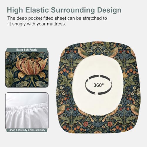 Berry Bird Lotus Pattern Floral Fitted Sheet Set King Size with Elastic Edges