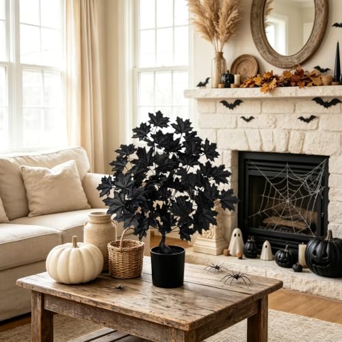 Artificial Black Maple Tree in Pot - 25.6 Inch Faux Fall Plant Gothic Decor - Black Variation