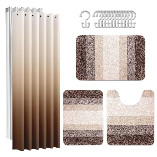 Ombre Brown Bathroom Set with Shower Curtain, Rugs & Accessories