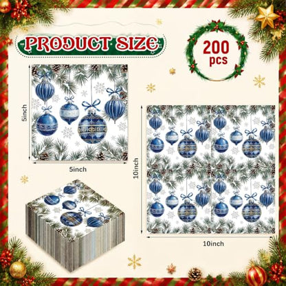 Kisston 200 Pcs Christmas Disposable Cocktail Napkins Vintage Blue