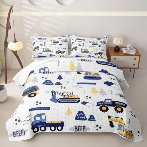 Navy Blue Full Excavator Construction Quilt Set with 2 Pillowcases - All Season Microfiber Bedding
