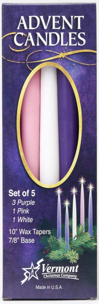 Vermont Christmas Company | Set of 5 Advent Candles - 10" Wax Taper Candles in Purple, Pink & White