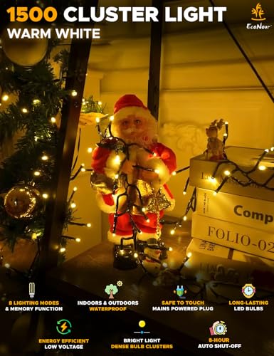 EcoNour 1500 LED Cluster Warm White Christmas Lights - 8 Modes, 61.5 Ft