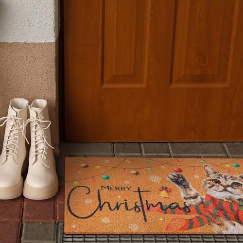Christmas Welcome Door Mat 18x30 Coir Rug with Red Cat Design - Festive Outdoor Decor