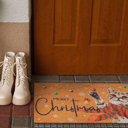 Christmas Welcome Door Mat 18x30 Coir Rug with Red Cat Design - Festive Outdoor Decor