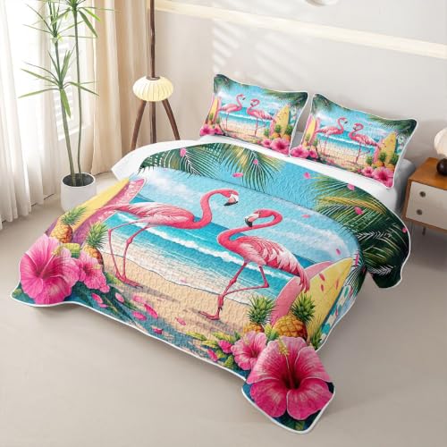 Pink Flamingo Queen Quilt Bedding Set with Pillow Shams - Tropical Beach Decor