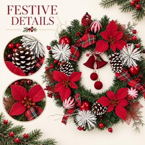 24 Inch Christmas Wreath with Poinsettias Pine Cones and Berries - Festive Holiday Decor