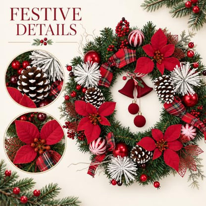 24 Inch Christmas Wreath with Poinsettias Pine Cones and Berries - Festive Holiday Decor