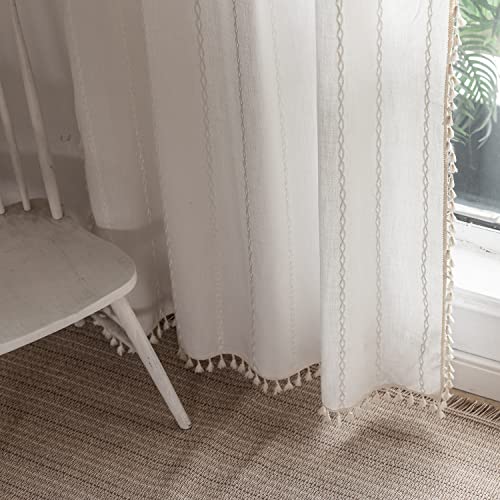 Boho Curtains for Bedroom Embroidery Striped Farmhouse Linen Curtains 63 Inch Length 2 Panels for Living Room Blue Bohemian Semi-Blackout Window Curtains Rod Pocket Drapes ( 52" W x 63" L,Blue)