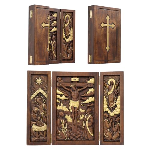 Gold 8-Inch Wooden Jesus Triptych Box Nativity Crucifixion Ascension Home Decor