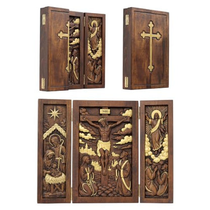 Gold 8-Inch Wooden Jesus Triptych Box Nativity Crucifixion Ascension Home Decor