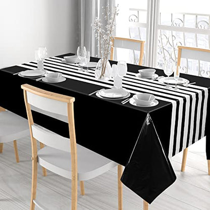 6 Pieces 86x54 Inch Black and White Striped Plastic Table Runners - Set of 6