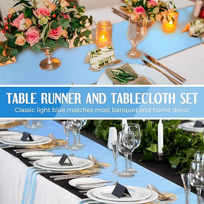 White and Blue Plastic Tablecloths with Satin Table Runner Set - Tudomro 12 Pcs