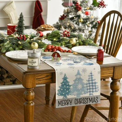 Merry Xmas Pine Tree Table Runner 13x120 Inch Home Party Decor Blue Variation