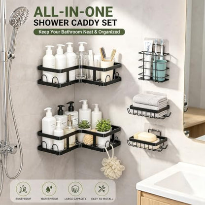 Corner Shower Caddy 5-Pack with Rustproof Stainless Steel Shelves and Hooks - No Drilling