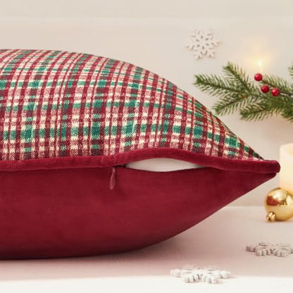 Christmas Plaid Pillow Cover 18x18 with Velvet Piping - Red, Kevin Textile Variation C-Red/18"