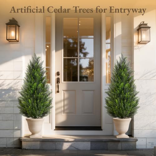 4FT Artificial Cedar Tree with Black Round Planter - UV Resistant Faux Evergreen for Indoor Outdoor