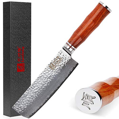6.5 Inch Nakiri Knife - Hammered Damascus Steel Blade with Bloodwood Handle