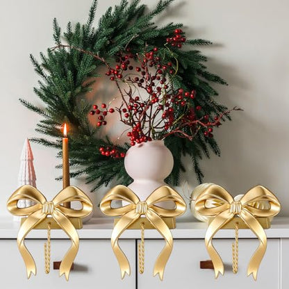 MorningRo 6 Pcs Gold Bow Christmas Stocking Holder Hooks for Mantel - Classic