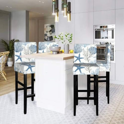 Coastal Starfish Seashell Cora Bar Stool Covers Set of 4 - Elastic Chair Protectors