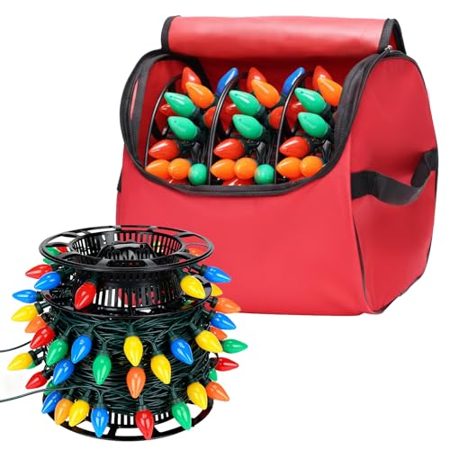 Christmas Light Storage Bag - Red, Heavy Duty Tearproof 600D with Reinforced Handles, Holds Up to 175 Ft Lights & Extension Cords