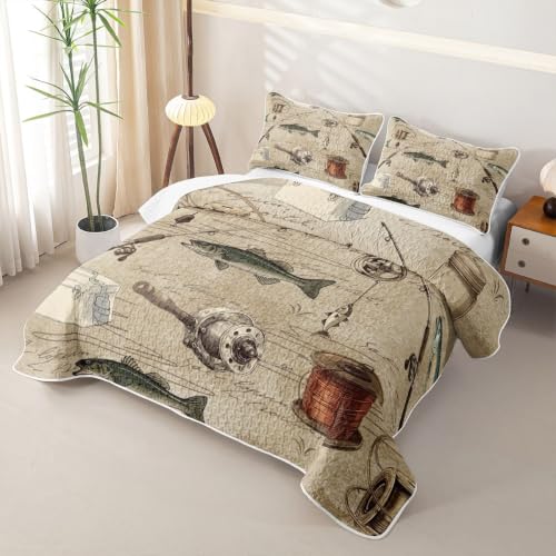 Brown 18 Twin Rustic Fishing Quilt Set with Pillowcase - Farmhouse Cabin Bedding