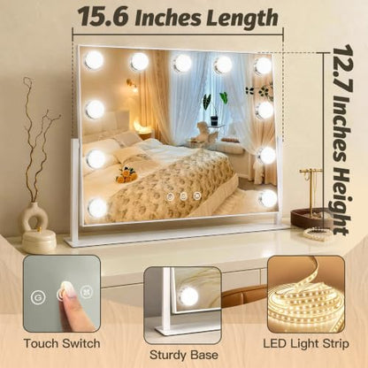 16-Inch Hollywood Vanity Mirror with Lights, 3 Color Modes, Dimmable Bulbs - White / 17"L x 13"W