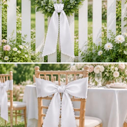 White Wreath Sash Set of 2 - Scalloped Ruffle Front Door Decor - White