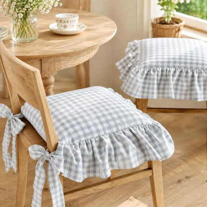 Farmhouse Blue Gingham Ruffle Chair Cushion Covers Set - 4 Pieces