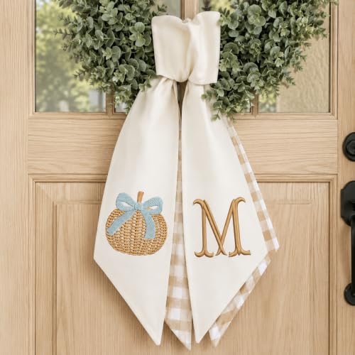 Personalized Fall Wreath Sash with Monogram and Embroidered Blue Pumpkin - Fall 09