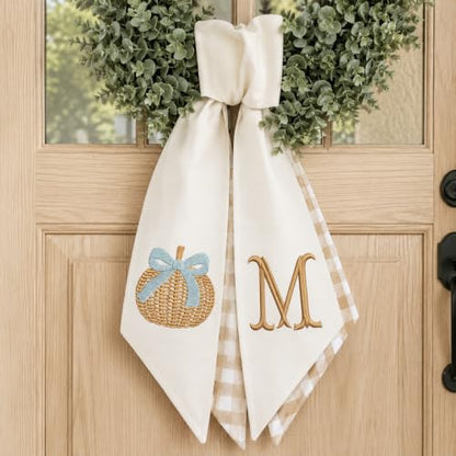 Personalized Fall Wreath Sash with Monogram and Embroidered Blue Pumpkin - Fall 09