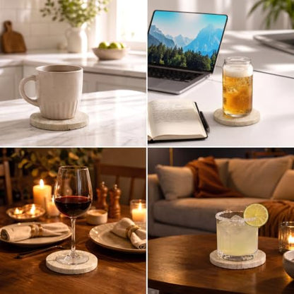 4 Pack 4-Inch Travertine Marble Coasters with Non-Slip Cork Backing