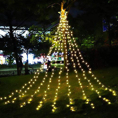 Outdoor Christmas Decorations 11.5ft Warm Waterfall Tree Lights with Star, 8 Modes