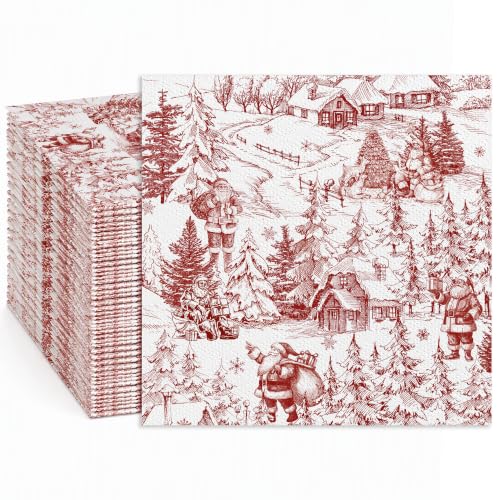 Christmas Santa Disposable Paper Napkins 100 Pack - Red Toile Winter Village Design, 2-Ply Absorbent Holiday Tableware