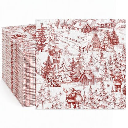 Christmas Santa Disposable Paper Napkins 100 Pack - Red Toile Winter Village Design, 2-Ply Absorbent Holiday Tableware