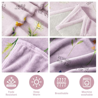 Christian Blanket for Women - Floral Design & Uplifting Scripture, 50x60 Inches, Purple